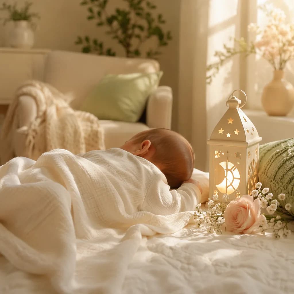 A peaceful pastel nursery with a sleeping baby and soft lantern light.