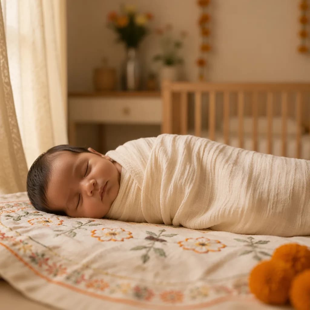 Sleeping swaddled baby in a soft pastel nursery with subtle Indian-inspired accents.