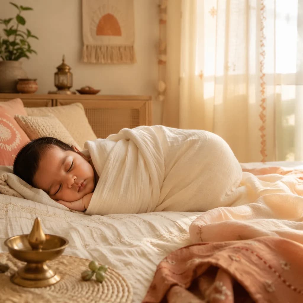 Sleeping baby in a soft pastel nursery with gentle dawn light and subtle Indian-inspired decor.
