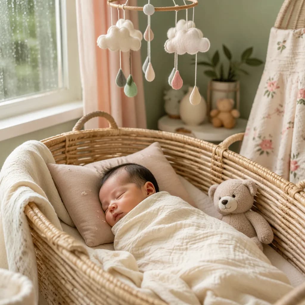A softly lit cozy nursery with a swaddled baby, plush bear, and gentle rain-inspired decor.