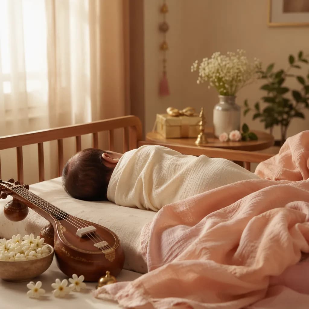 Soft pastel nursery with a sleeping baby and gentle Indian-inspired details.