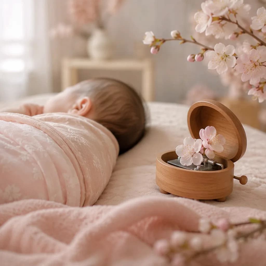Sleeping baby in a soft pastel nursery with cherry blossoms and a wooden music box.