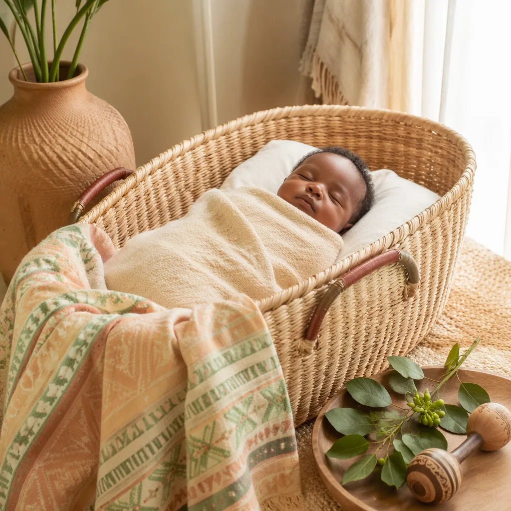 A peacefully sleeping baby in a warm Igbo-inspired nursery with soft pastel decor.