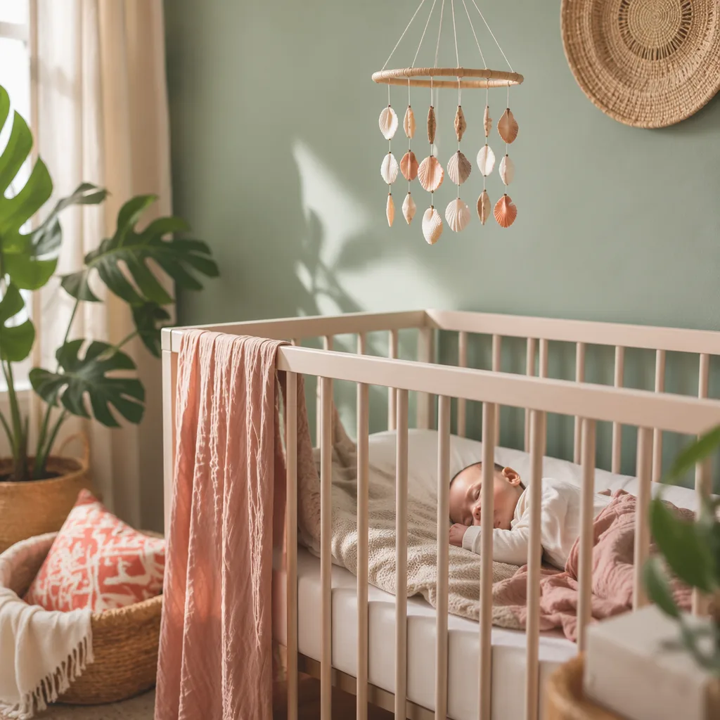 Soft ocean-inspired Hawaiian nursery with a sleeping baby and pastel coastal decor.