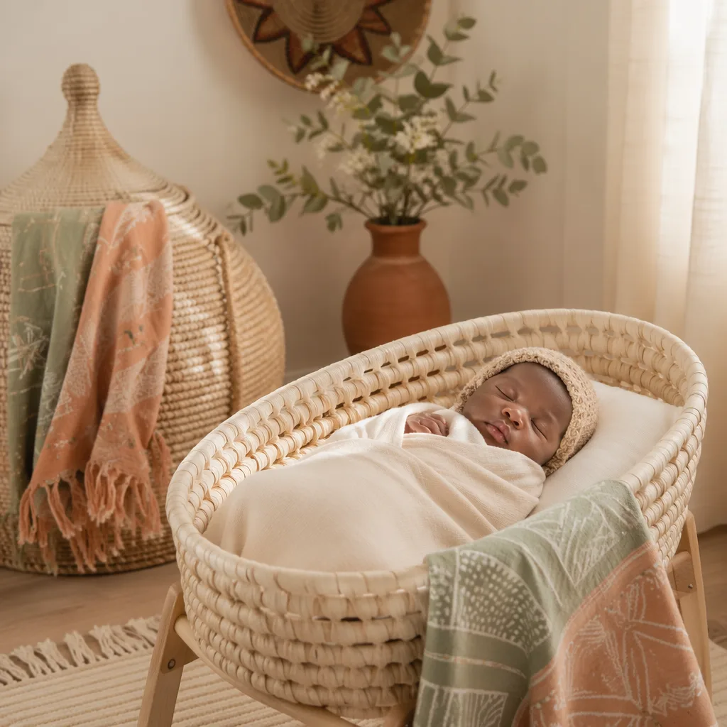 Sleeping baby in a warm Yoruba-inspired pastel nursery with woven bassinet and soft natural light.