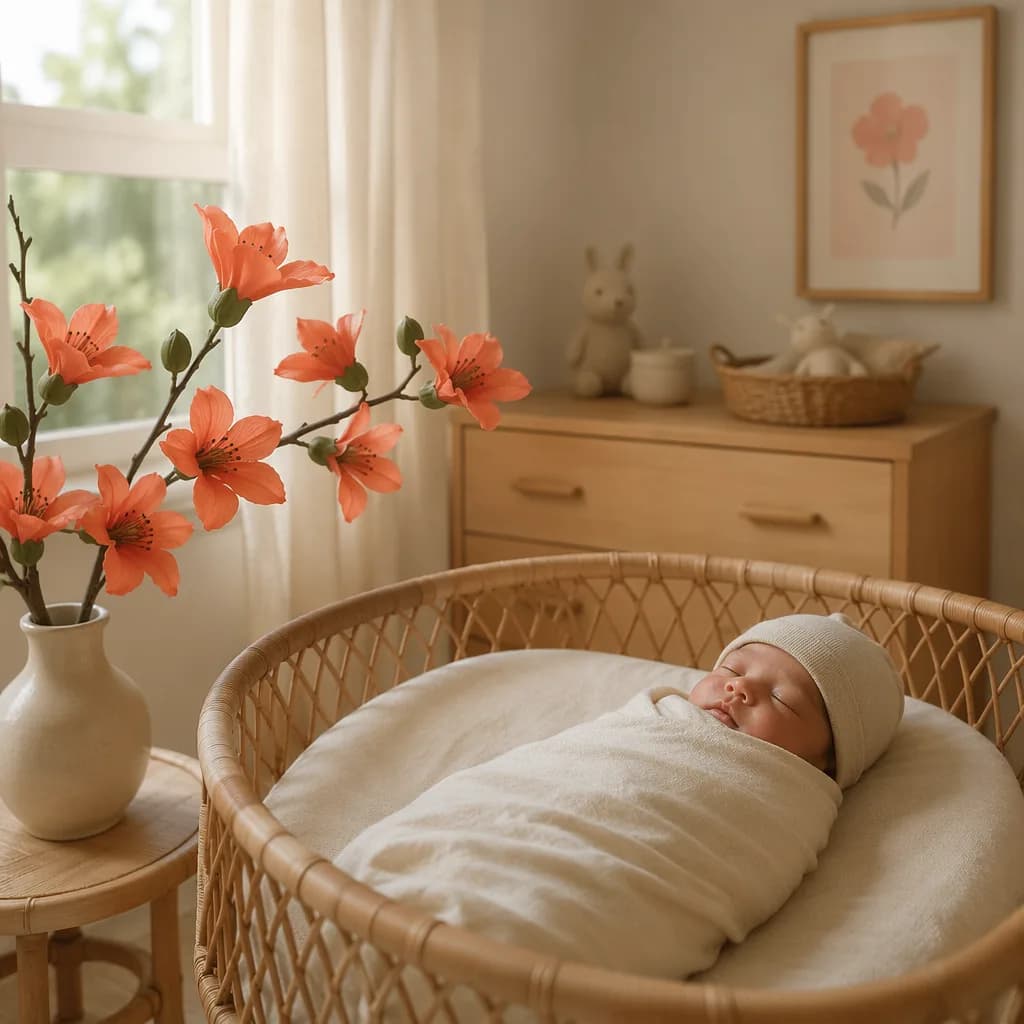 A softly lit nursery with a swaddled baby and pastel silk-cotton blossoms.
