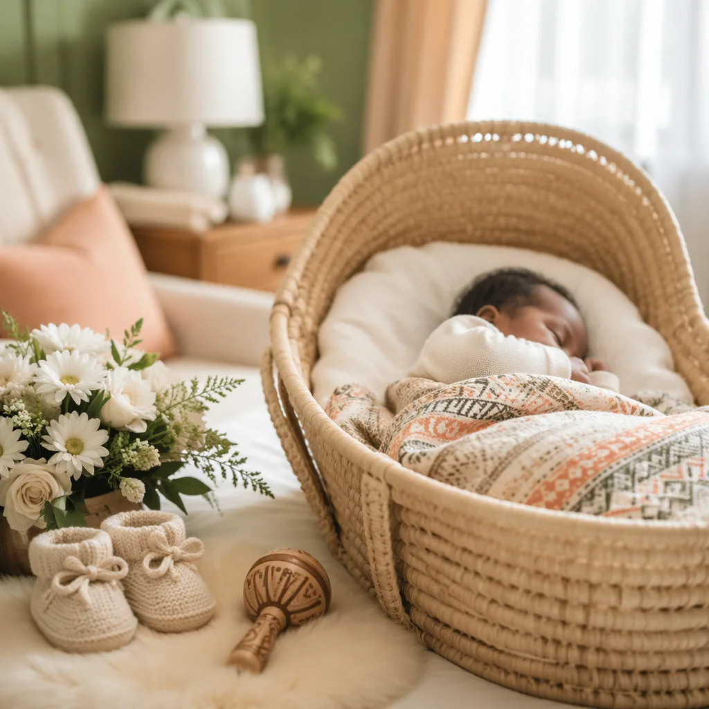 A peaceful Yoruba-inspired nursery scene with a sleeping newborn in a woven basket and soft pastel decor.