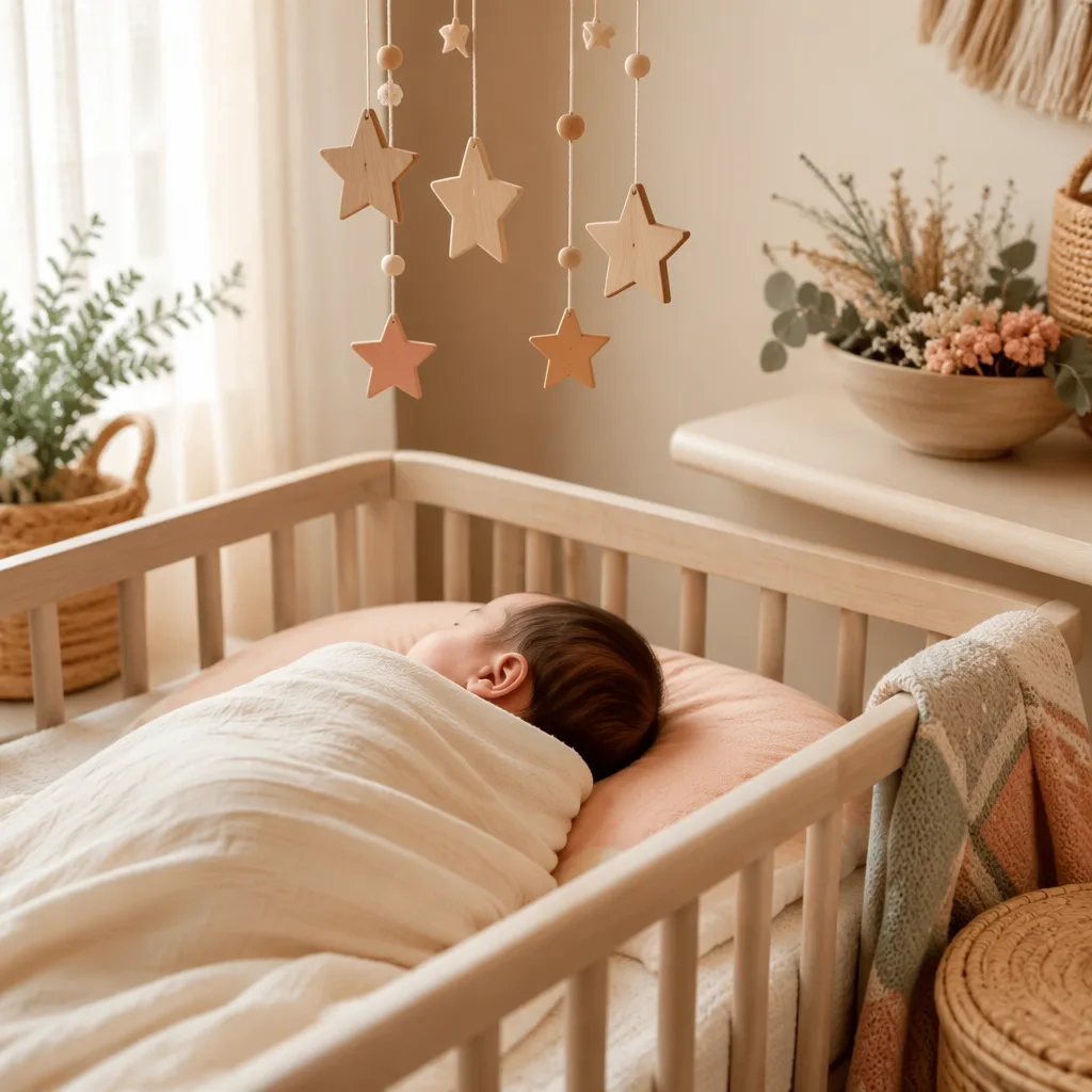 Sleeping baby in a soft pastel nursery with a wooden star mobile and natural woven details.