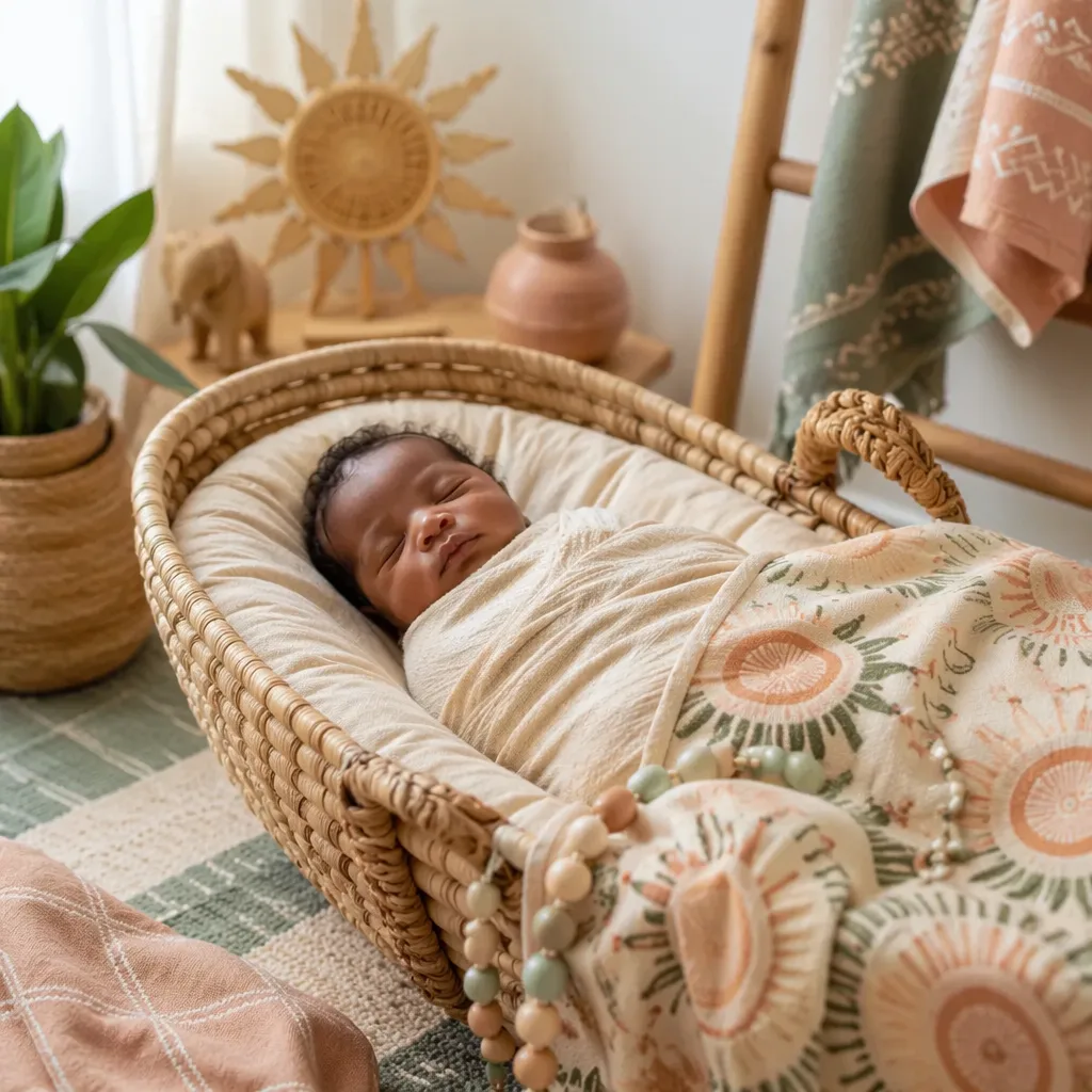 A softly lit Yoruba-inspired nursery with a swaddled newborn in a woven basket.