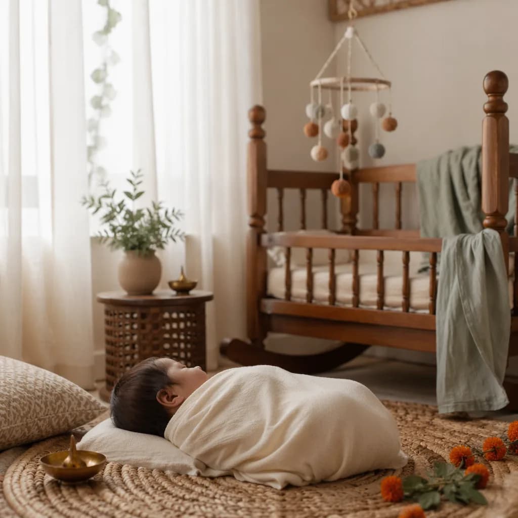Peaceful pastel nursery with a swaddled newborn and gentle Hindi-inspired decor.