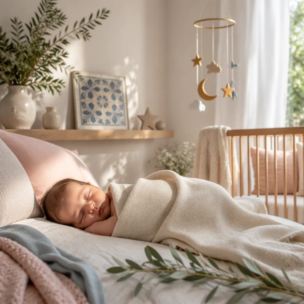 A peaceful Portuguese-inspired nursery with a swaddled sleeping baby and soft celestial details.