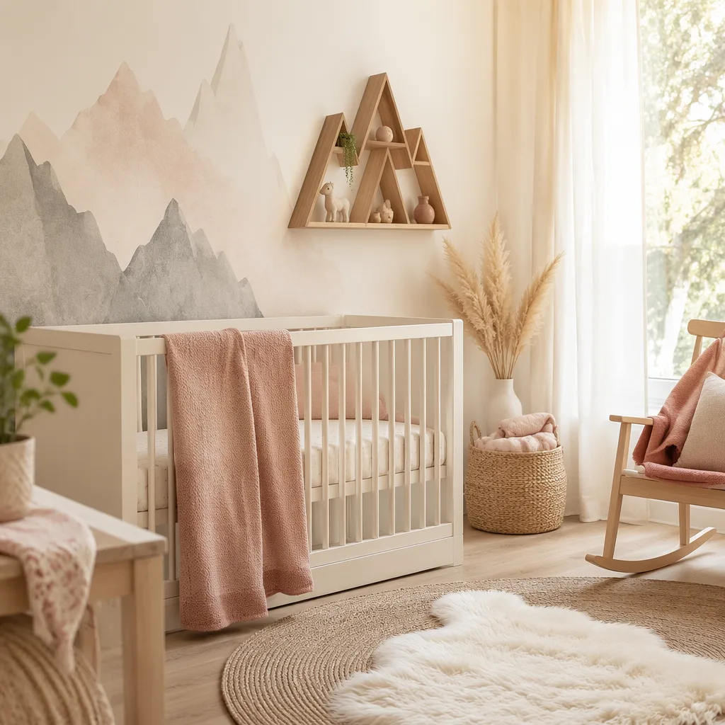 Soft pastel nursery with mountain-inspired decor in warm natural light.