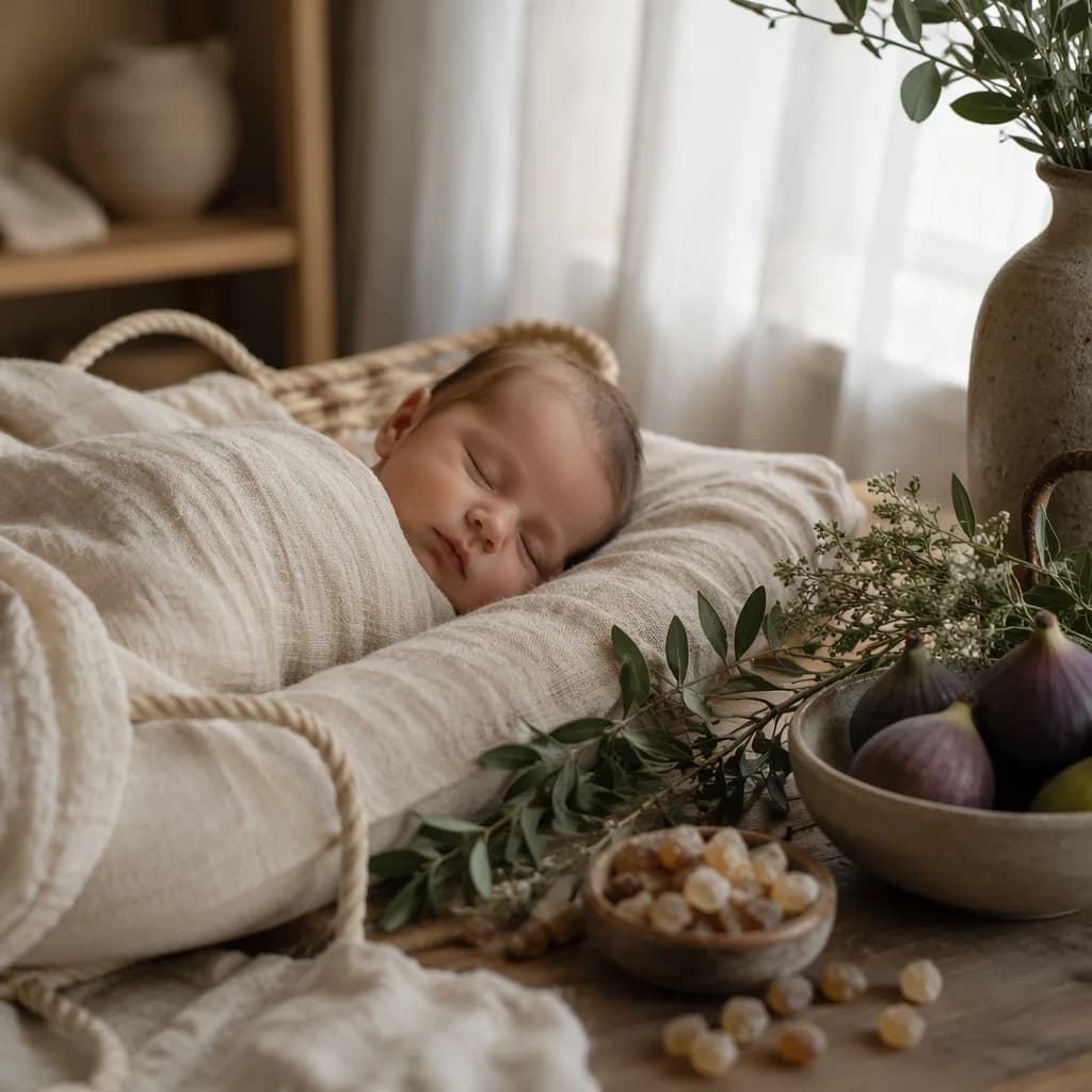A softly lit nursery with a swaddled newborn and symbolic myrrh and figs.
