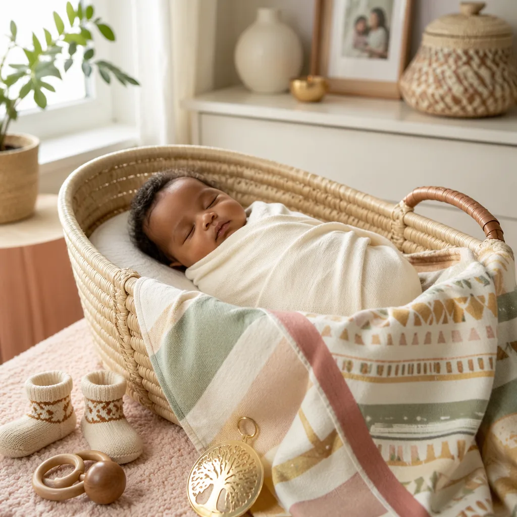 A peaceful Yoruba-inspired nursery with a swaddled sleeping baby in a woven basket and soft pastel keepsakes.