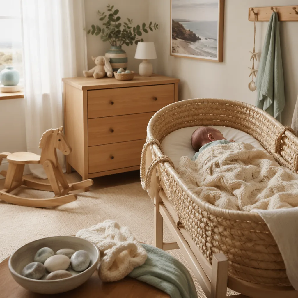 Soft Welsh-inspired nursery with a sleeping baby, seafoam accents, and cozy natural textures.