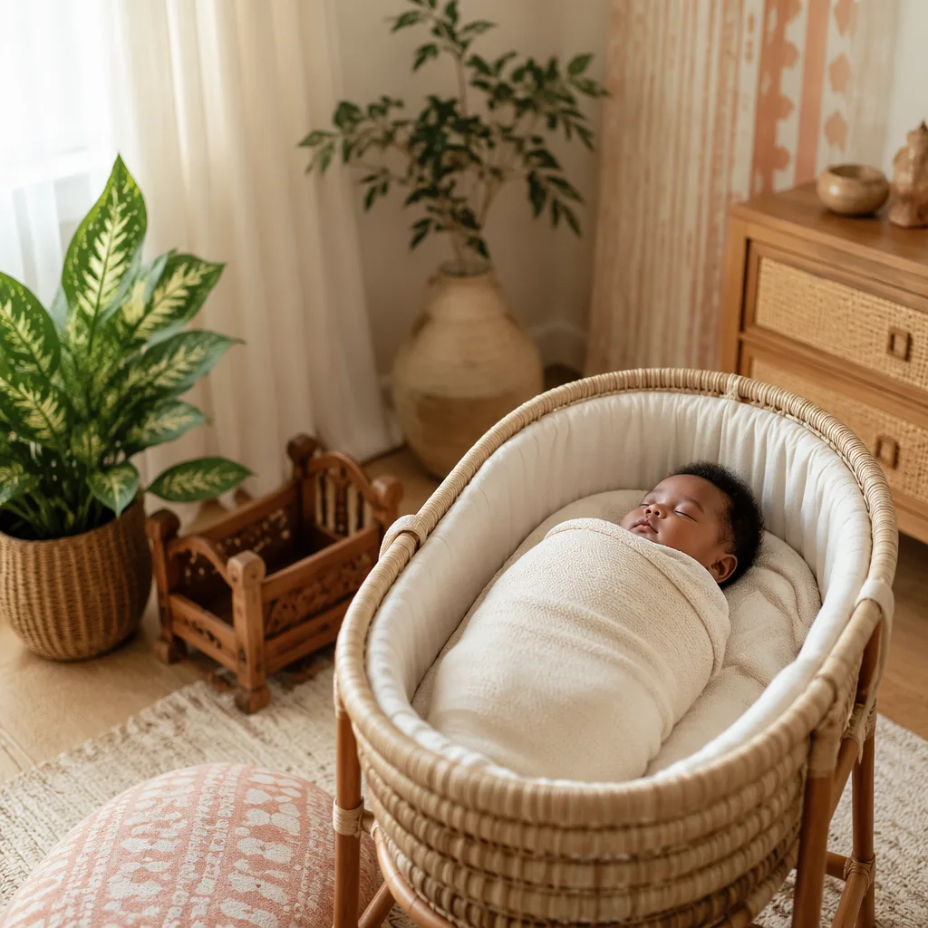 A sleeping baby in a cozy Yoruba-inspired nursery with soft pastel textiles and gentle natural light.