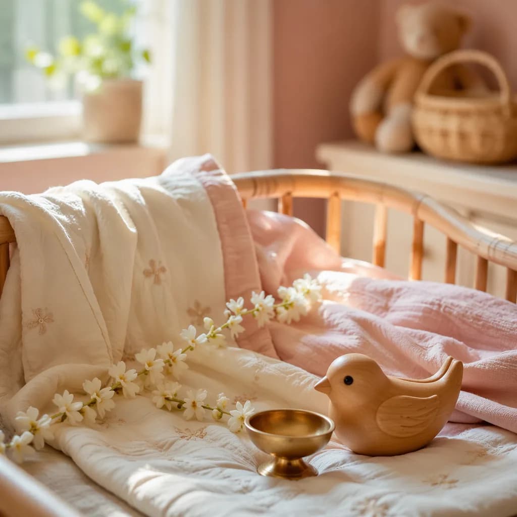 Soft Bengali-inspired nursery still-life with flowers, blanket, and wooden toy in warm pastel light.