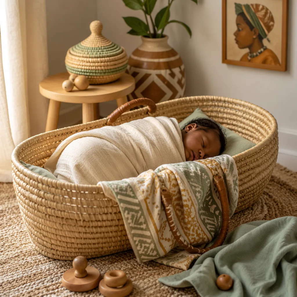 A peaceful Yoruba-inspired nursery scene with a swaddled newborn in soft natural light.