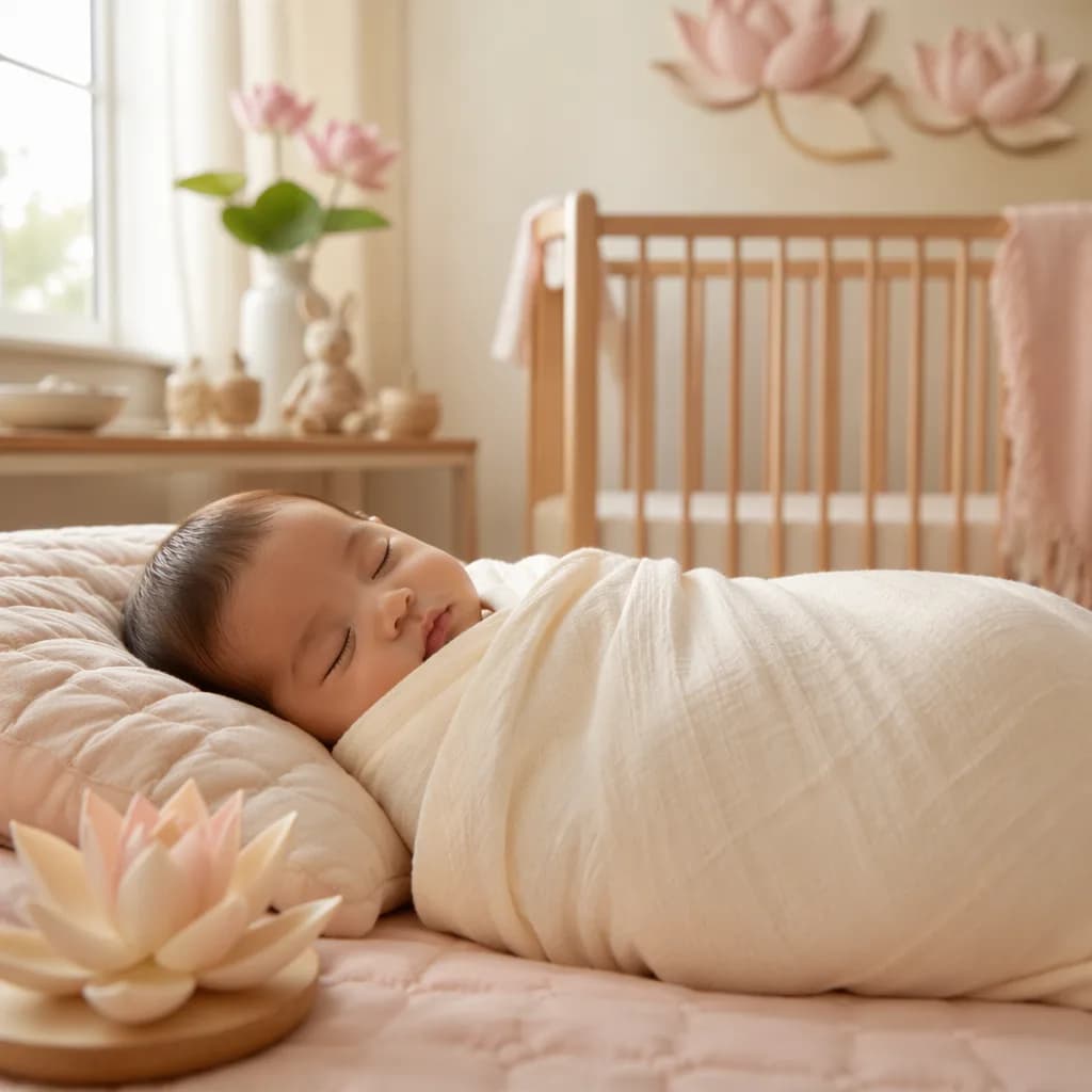 A peaceful baby sleeping in a soft pastel nursery with gentle natural light.