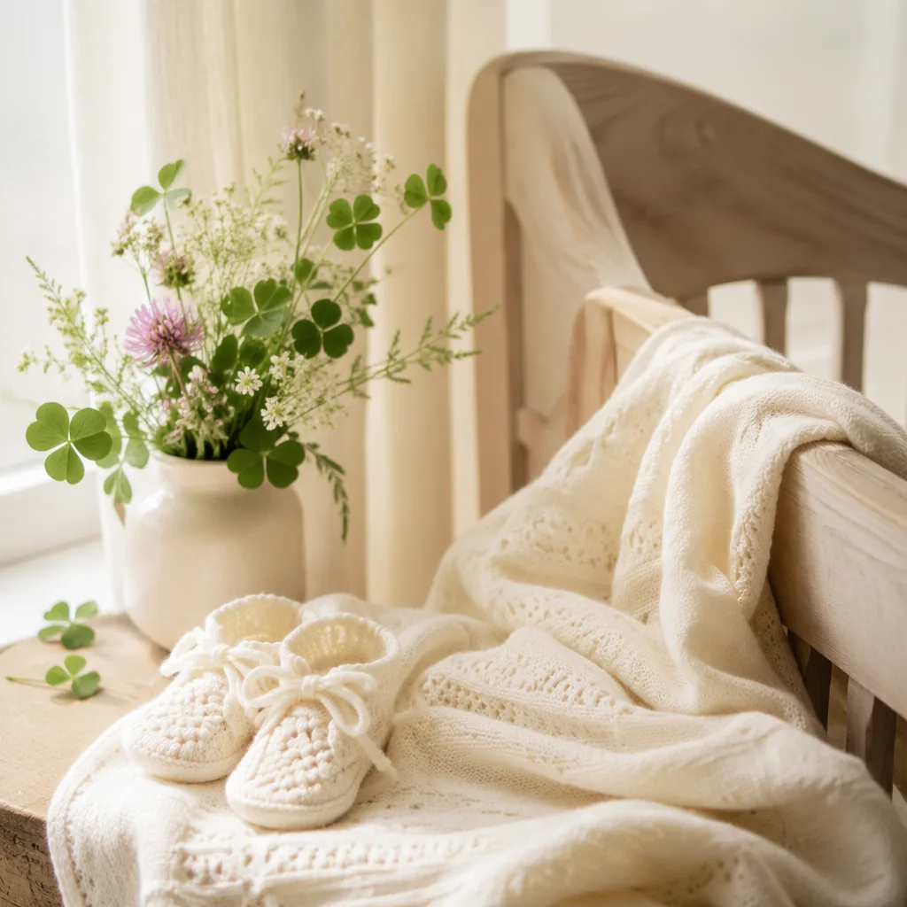 Cozy Irish-inspired nursery still-life with baby booties, blanket, and soft shamrock greenery.