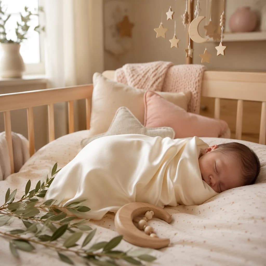 Soft Arabic-inspired nursery scene with a silk-swaddled sleeping newborn and gentle wishing-star details.