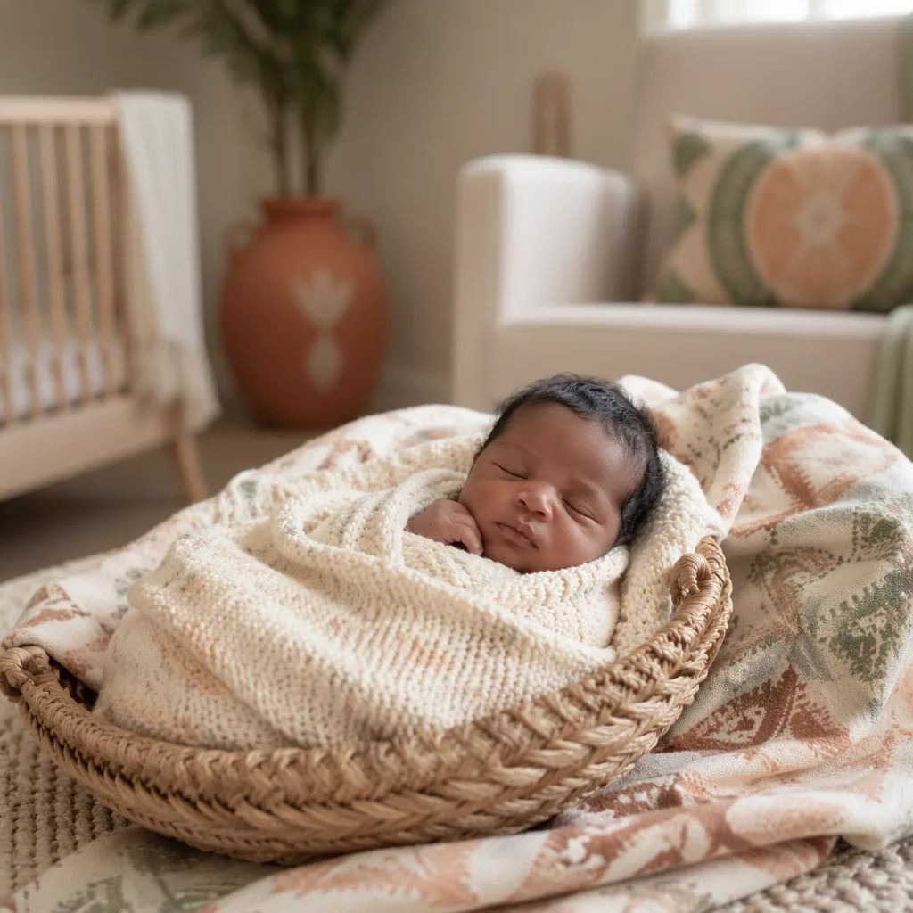 Sleeping Nigerian newborn in a warm, softly lit nursery with subtle Igbo-inspired decor.