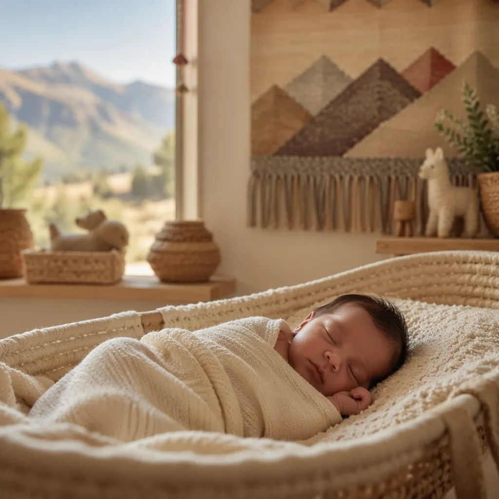 Sleeping newborn in a warm pastel nursery with soft woven textures and gentle natural light.