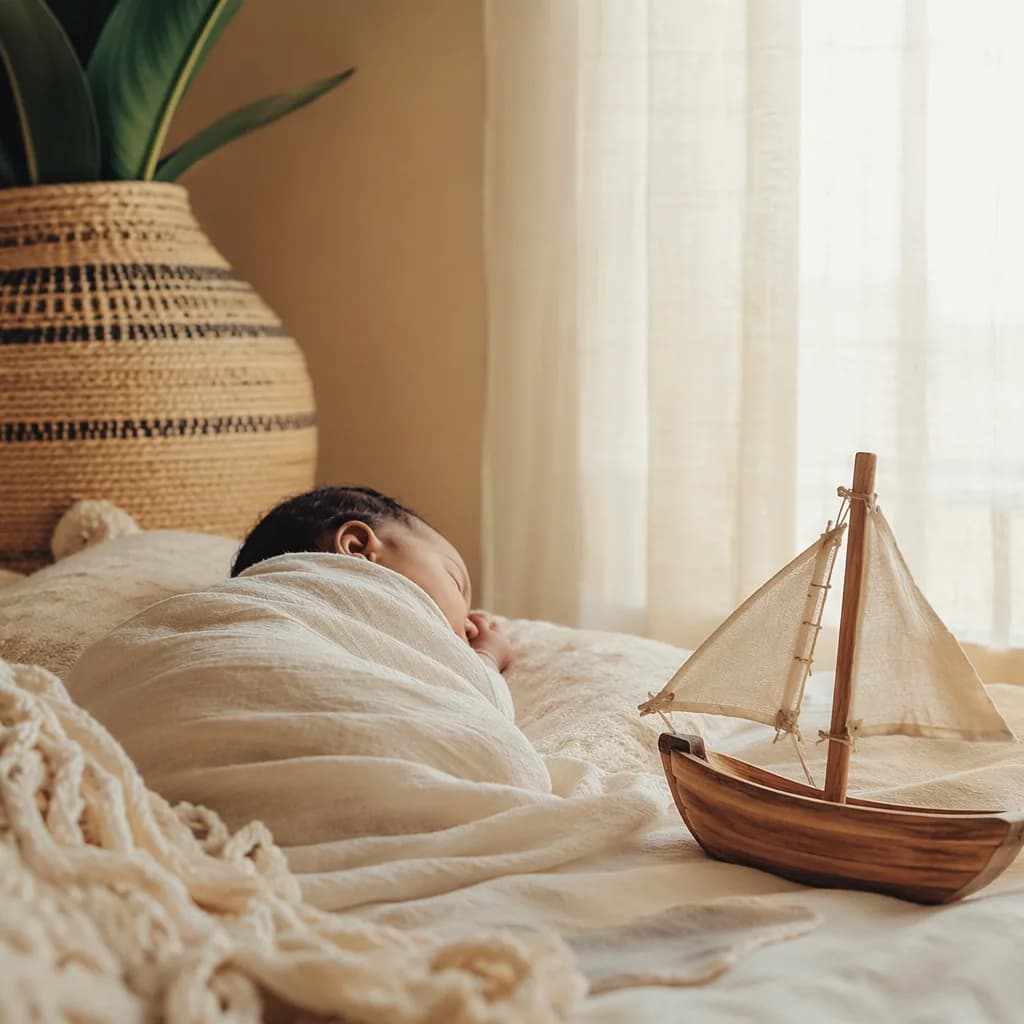 Sleeping swaddled baby in a sunlit nursery beside a small wooden toy boat.