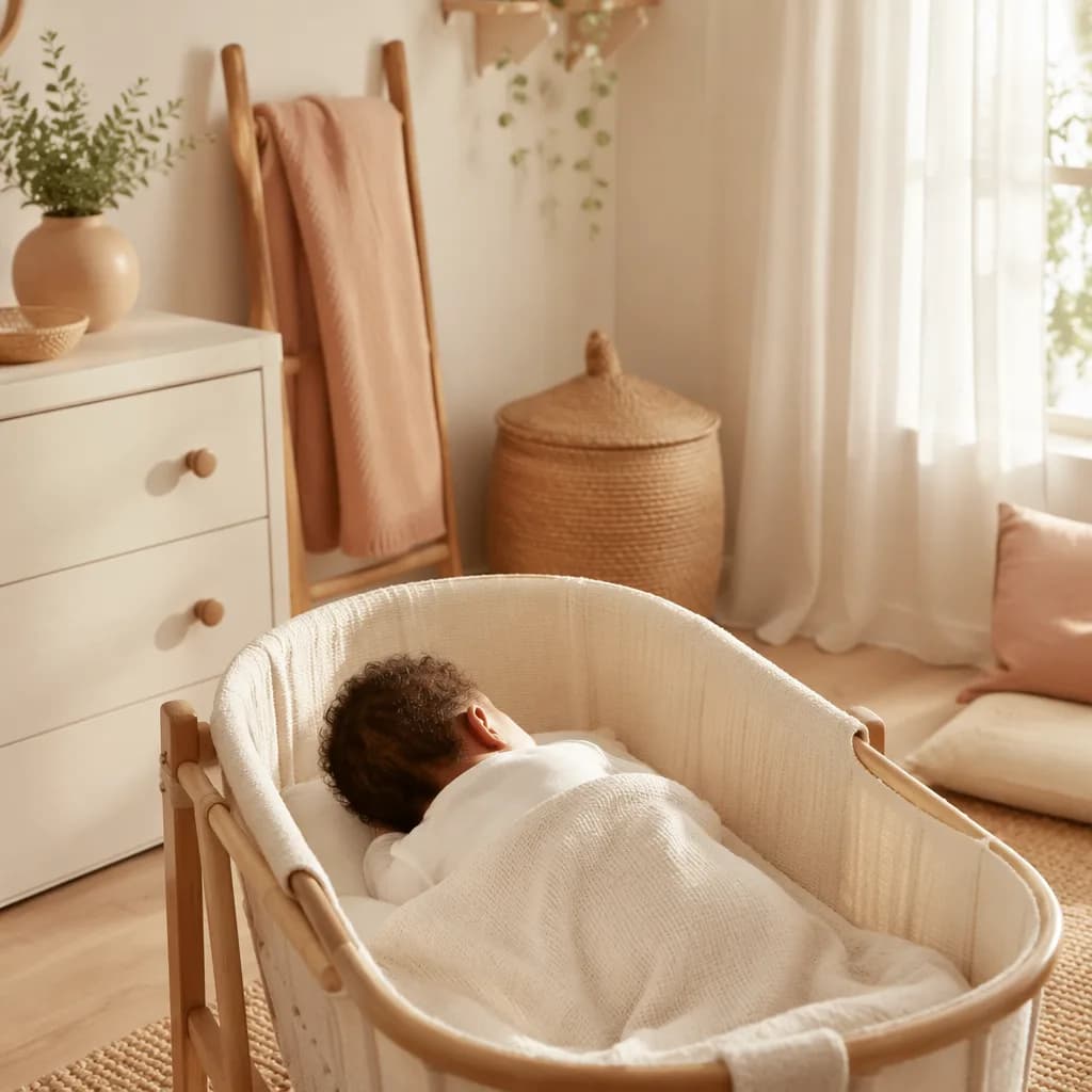 A softly lit pastel nursery with a sleeping baby in a bassinet, evoking warmth and radiance.