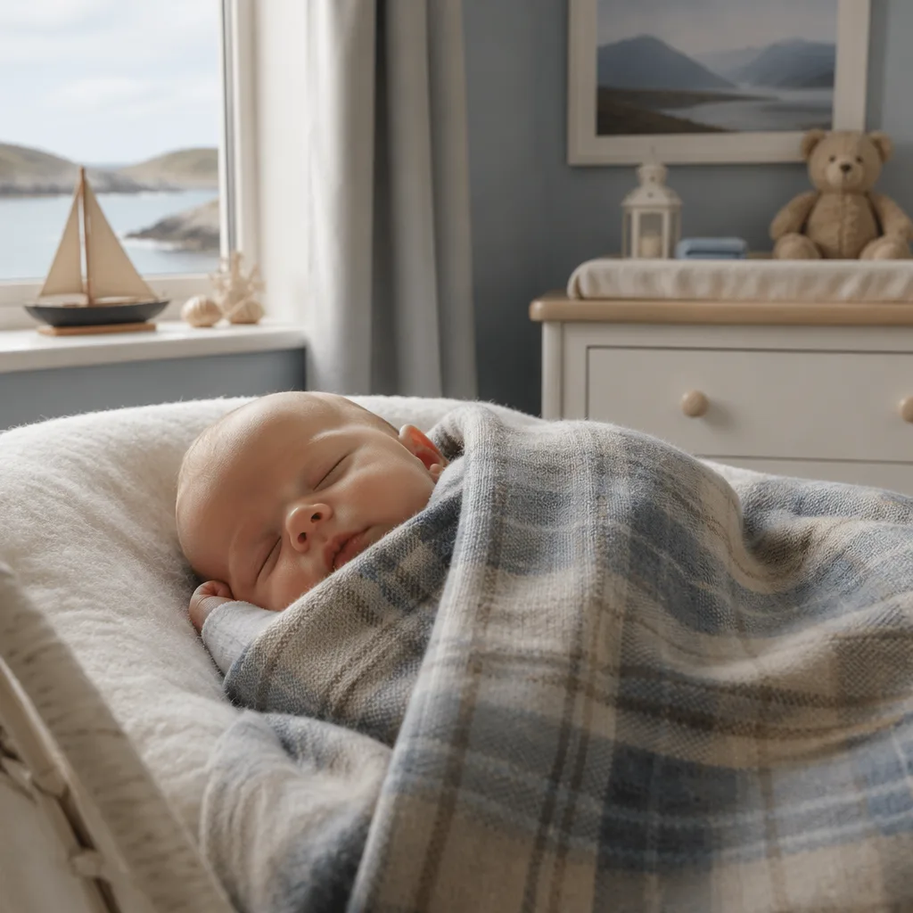 Sleeping baby in a soft tartan blanket with gentle Scottish coastal nursery details.