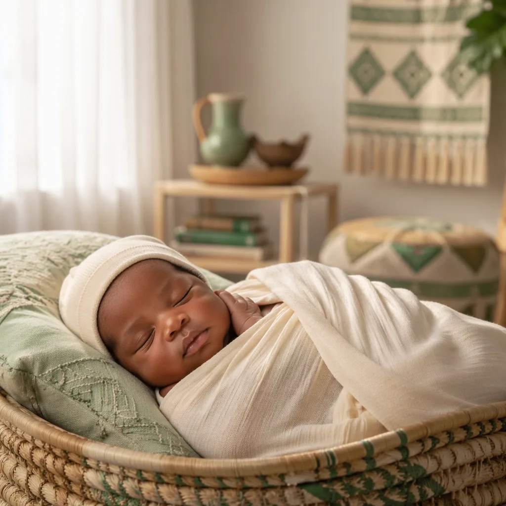 Sleeping Nigerian newborn in a soft, sunlit nursery with warm pastel decor.