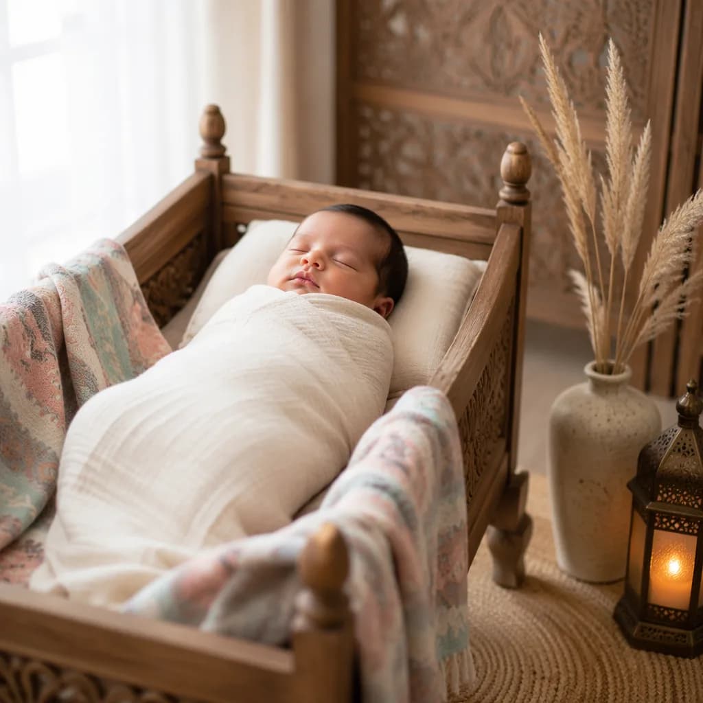 Sleeping newborn in a soft pastel nursery with gentle South Asian-inspired details.