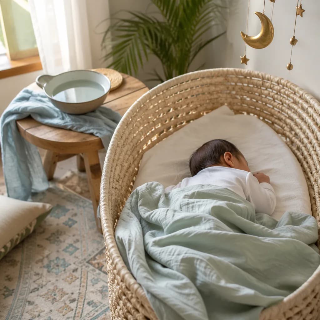 Soft pastel nursery with a sleeping newborn in a woven bassinet, water bowl, and crescent mobile.
