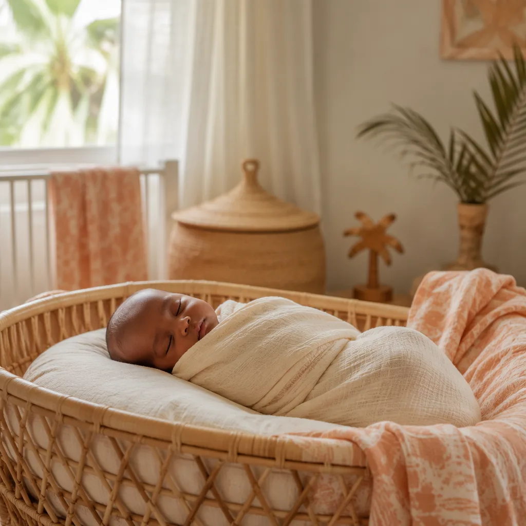 Peaceful swaddled baby in a warm pastel Swahili-inspired nursery