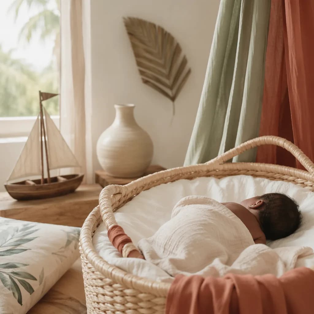 Soft coastal-inspired nursery with a swaddled sleeping baby and small wooden boat.