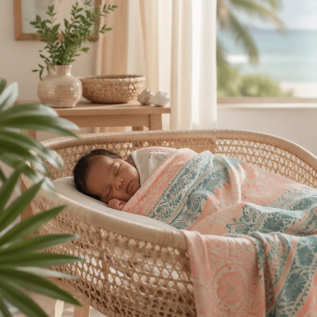 Sleeping newborn in a softly lit nursery with warm Swahili-inspired details.