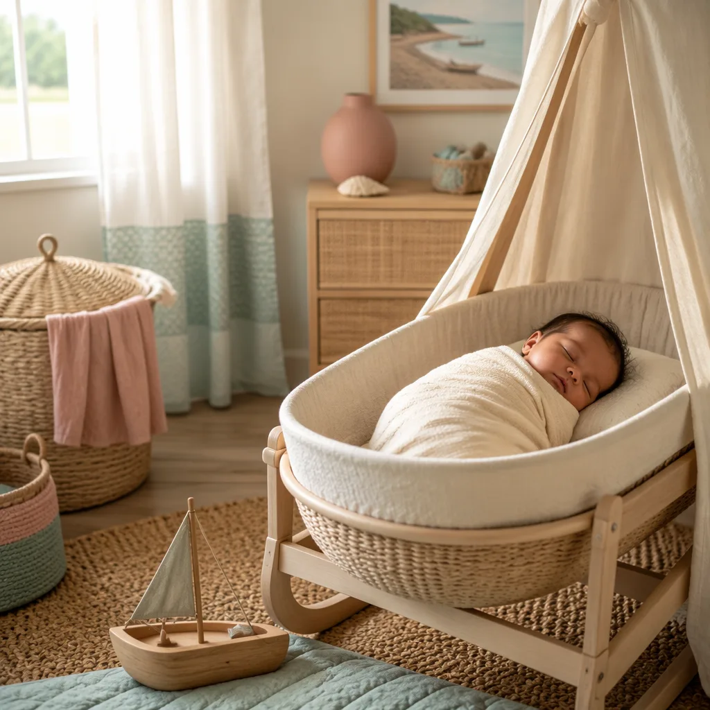 Sleeping swaddled baby in a soft pastel nursery with a small wooden toy boat.