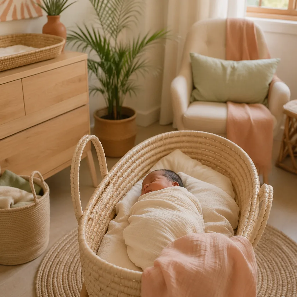 A peacefully sleeping swaddled baby in a warm pastel nursery with subtle Swahili coastal-inspired decor.