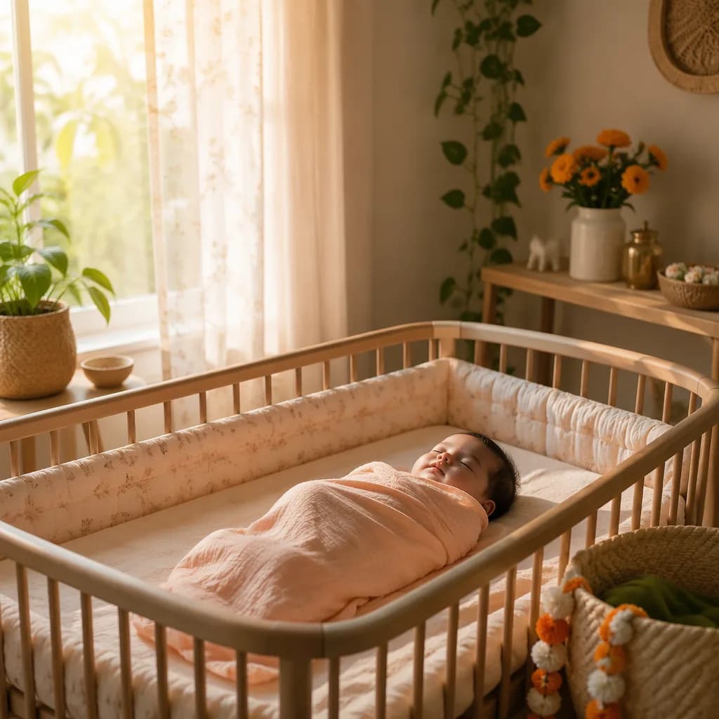 A softly lit nursery at dawn with a swaddled sleeping baby and gentle Indian-inspired decor.