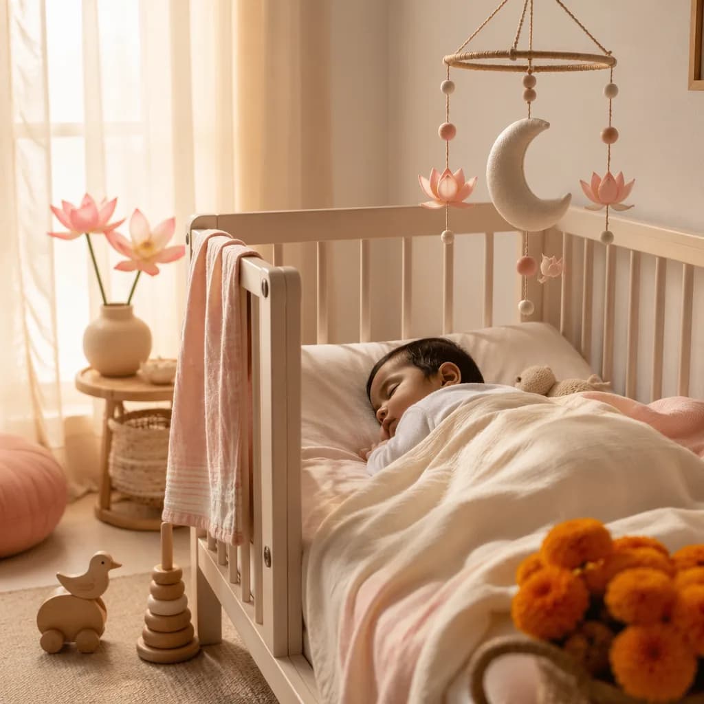 A peaceful pastel nursery with a sleeping baby, soft light, and subtle Indian-inspired decor.