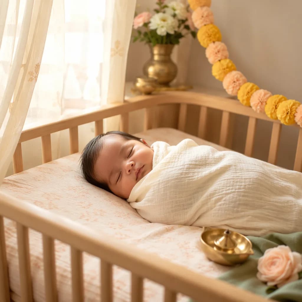 A peaceful swaddled baby in a warm pastel nursery with subtle Indian-inspired decor.