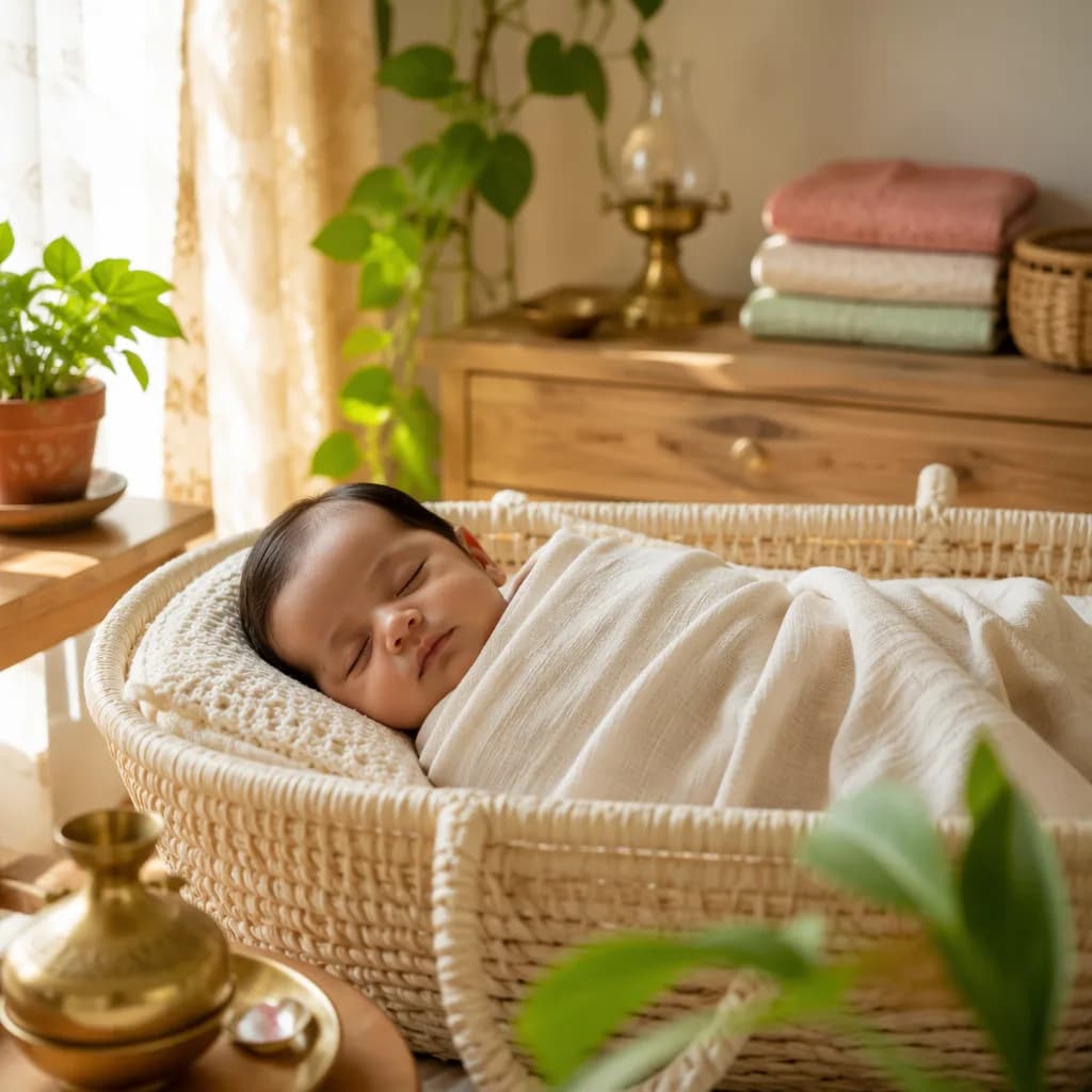 A peacefully sleeping baby in a warm, earth-toned nursery with soft natural light.