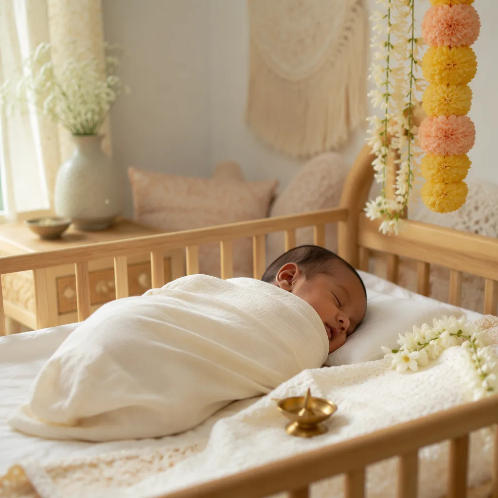 A serene pastel Indian nursery with a swaddled newborn and auspicious floral accents.