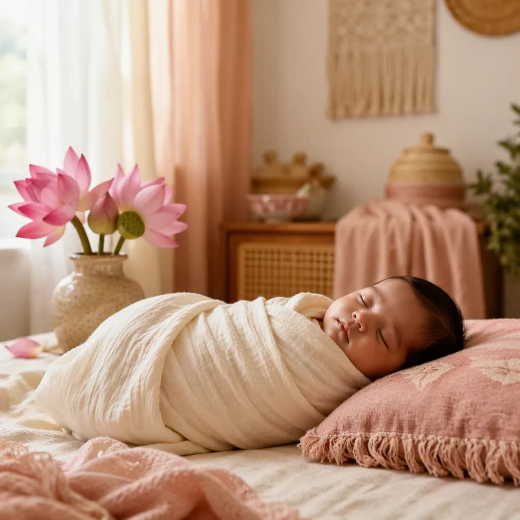 A peaceful swaddled baby in a warm pastel nursery with lotus flowers and soft natural light.