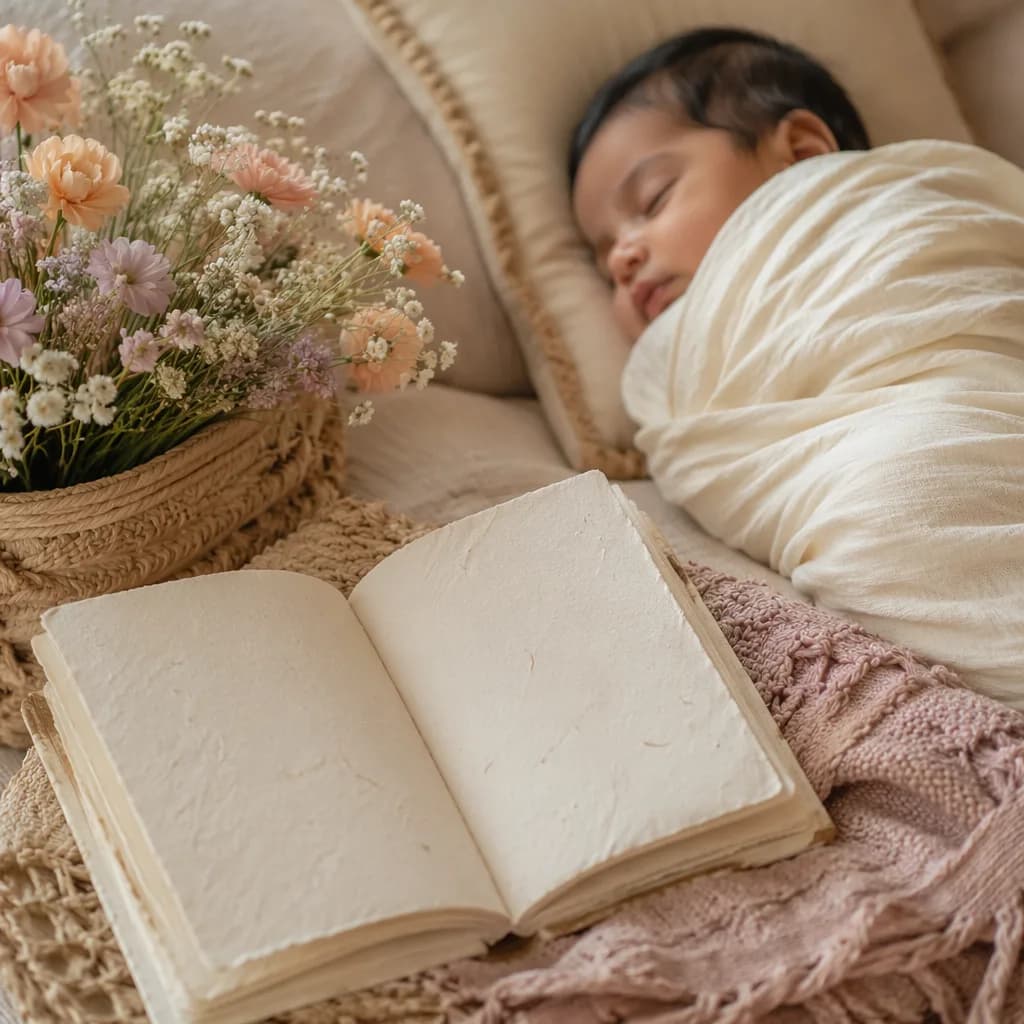 Sleeping baby in a soft pastel nursery with flowers and a blank notebook symbolizing poetry.