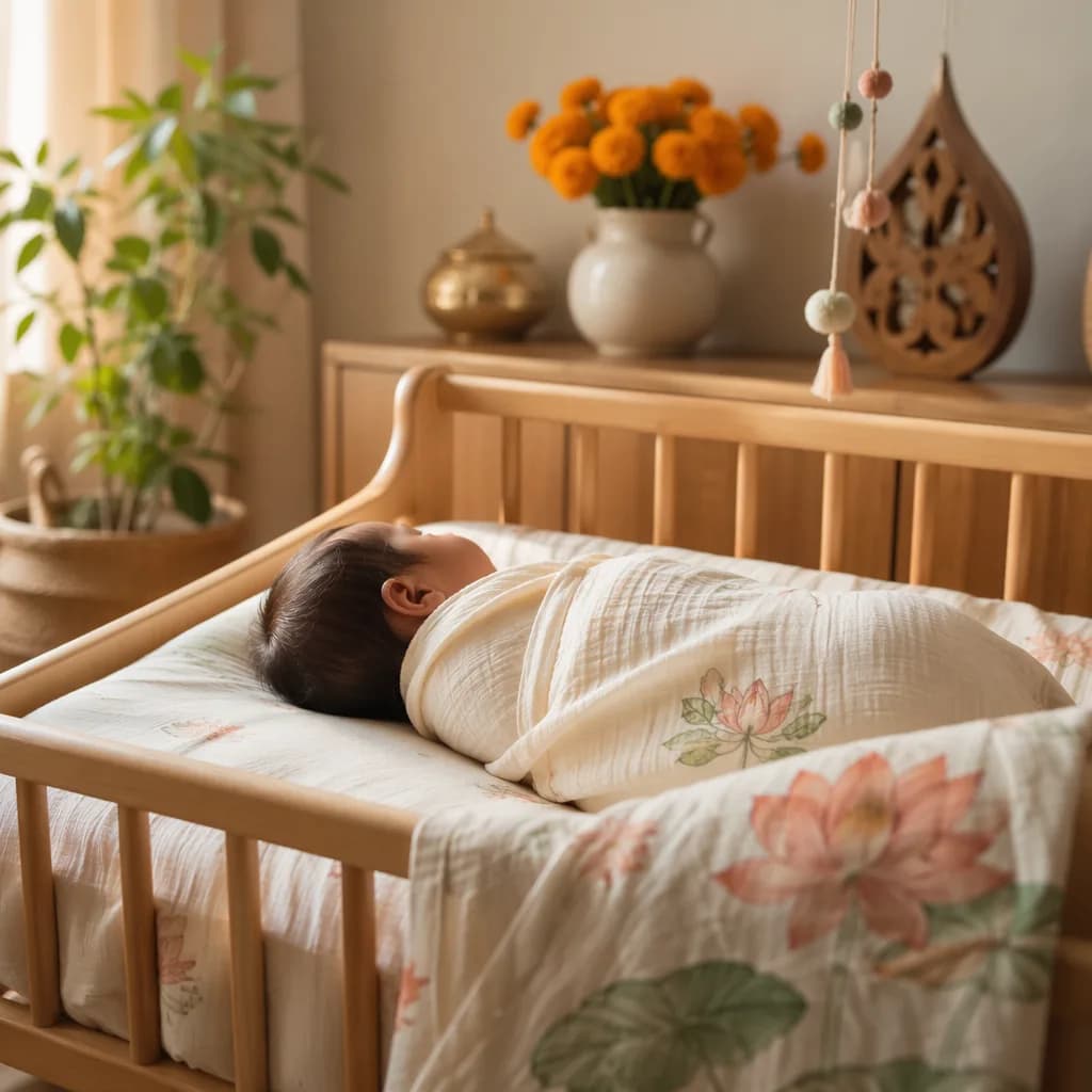 A softly lit cozy nursery with a swaddled sleeping baby and subtle Indian-inspired pastel decor.