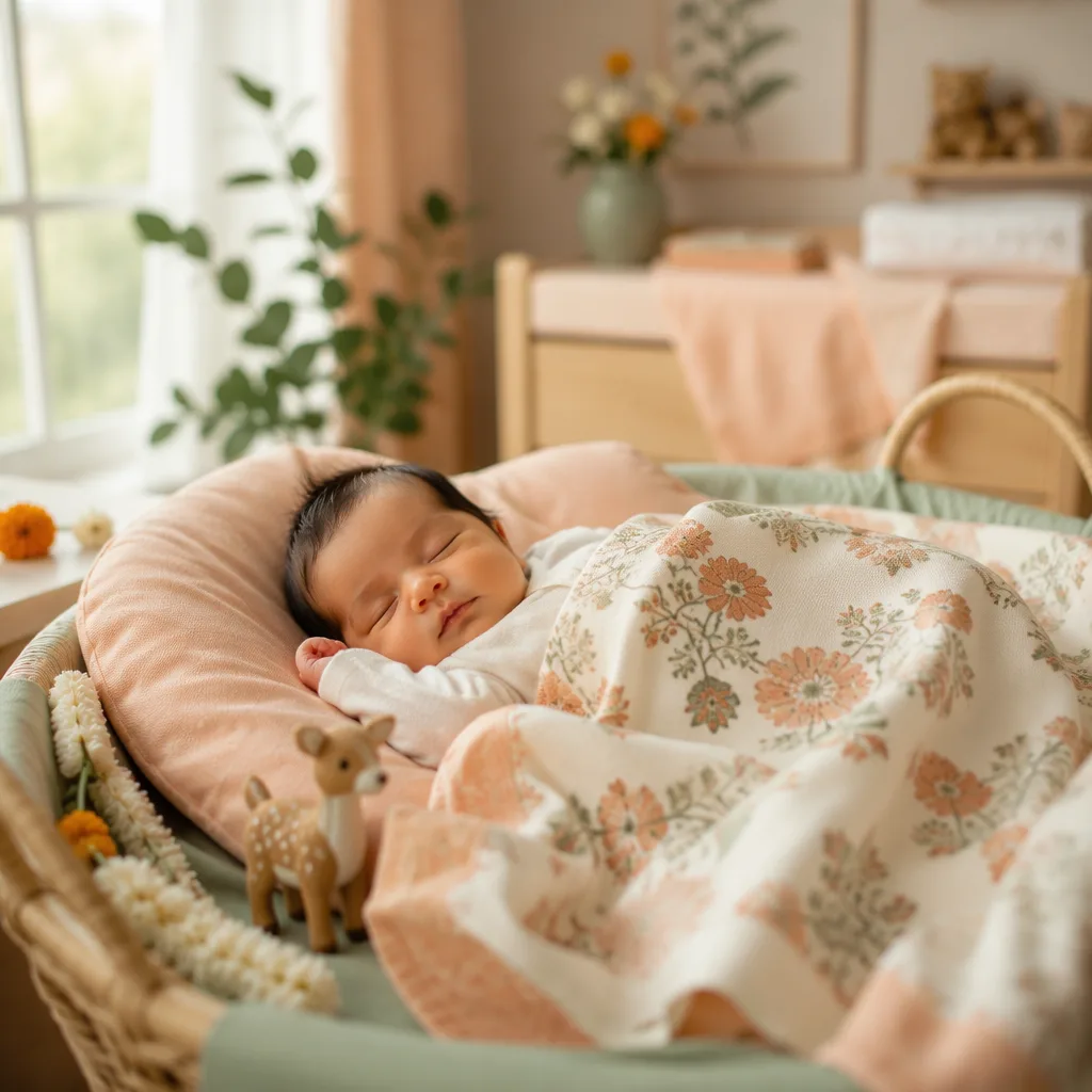Sleeping newborn in a soft pastel nursery with gentle Indian-inspired floral and nature accents.
