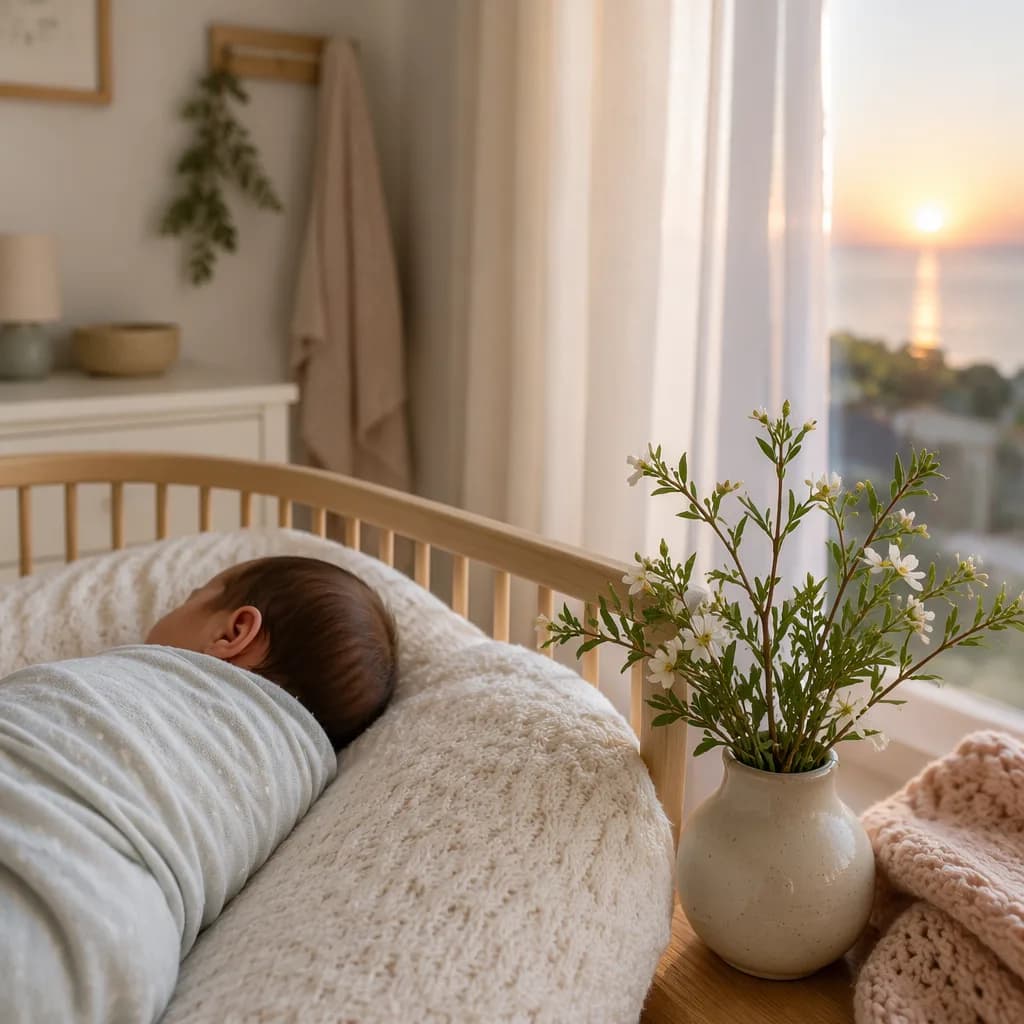 Soft Greek-inspired nursery with a swaddled baby, myrtle sprigs, and hopeful morning light.