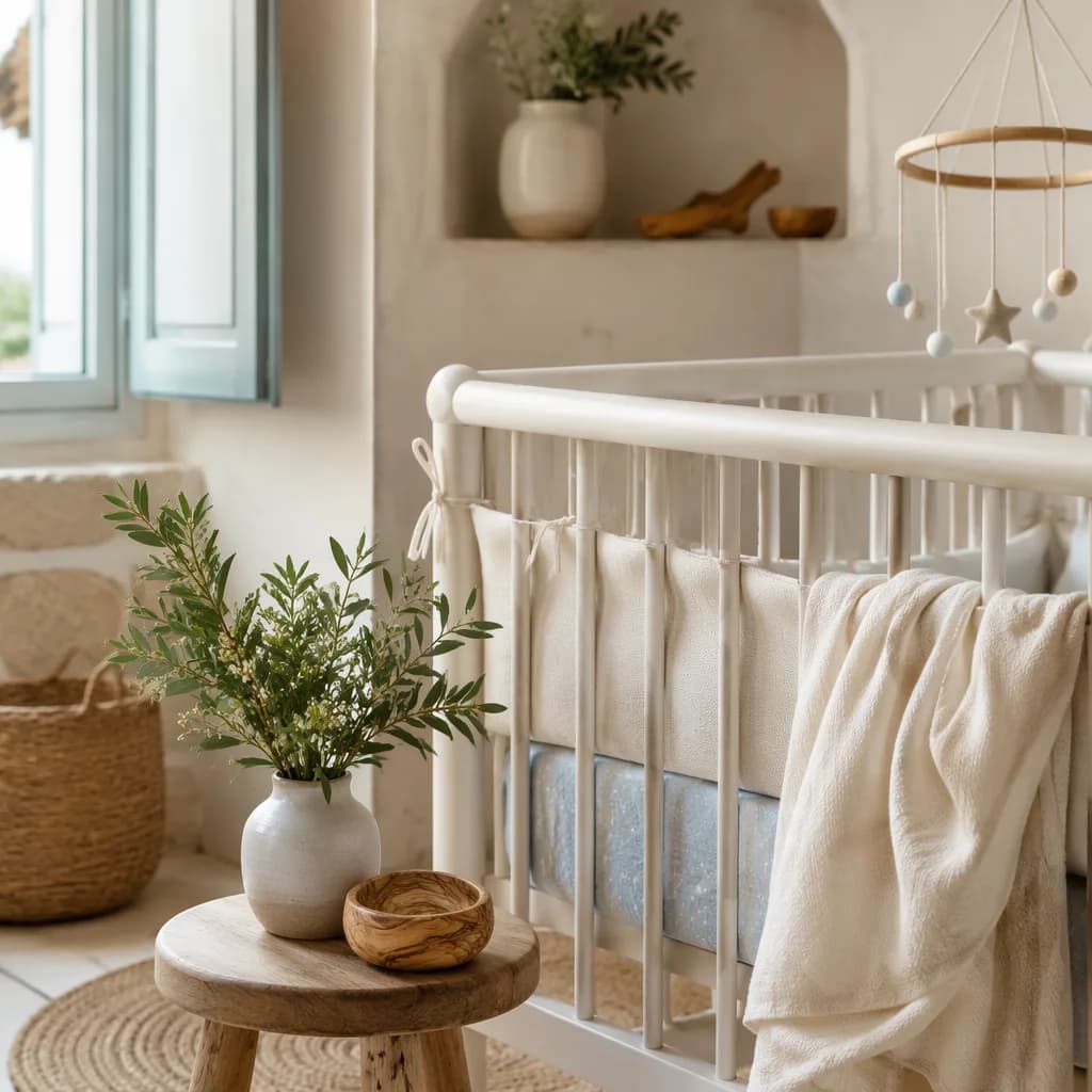 Soft Greek-inspired nursery still-life with myrtle sprigs and pastel linens.