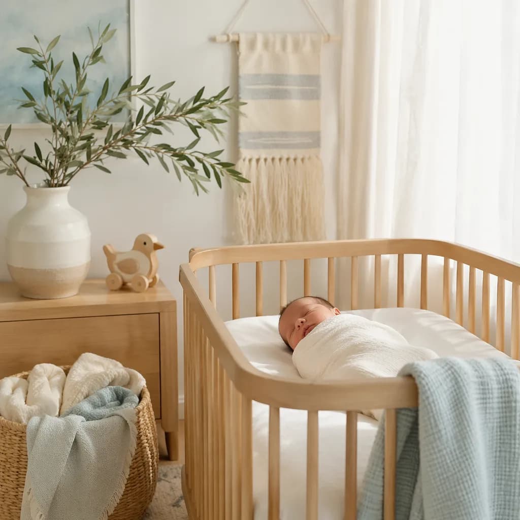 Peaceful baby in a soft pastel nursery with olive branches and warm natural light.